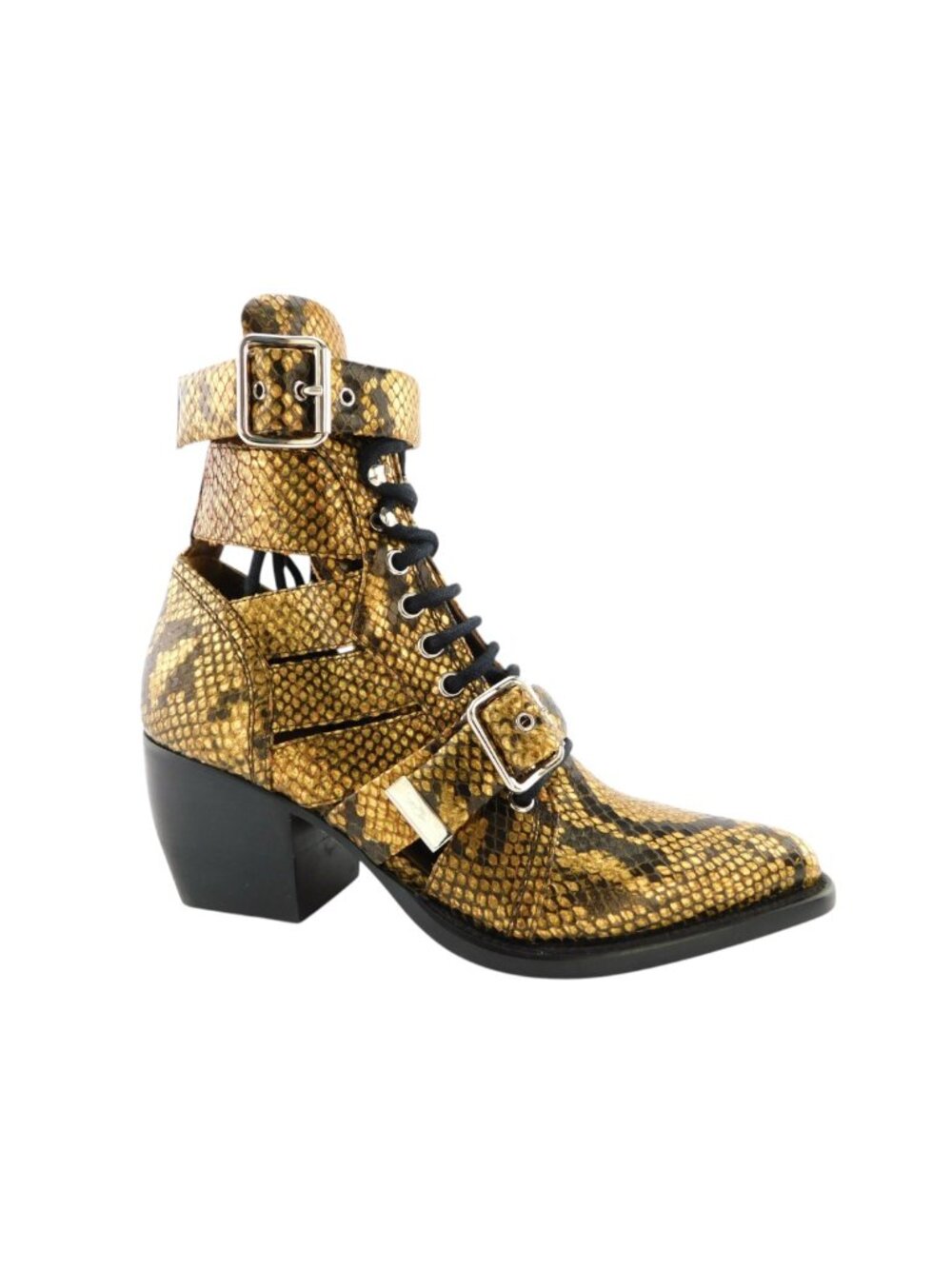 New CHLOE Metallic Gold Python Snake Caged Block Heel Buckle Strap Booties 36.5